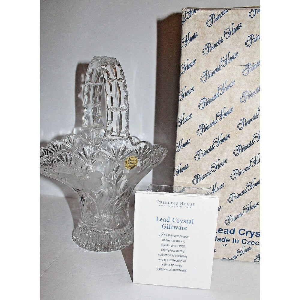 NIB Princess House Lead Crystal Glass Basket Handle Heritage Etched Floral 10.5"